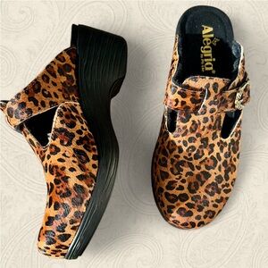 Alegria Leopard Print Mules horsehair leopard with buckles fluffy footbed